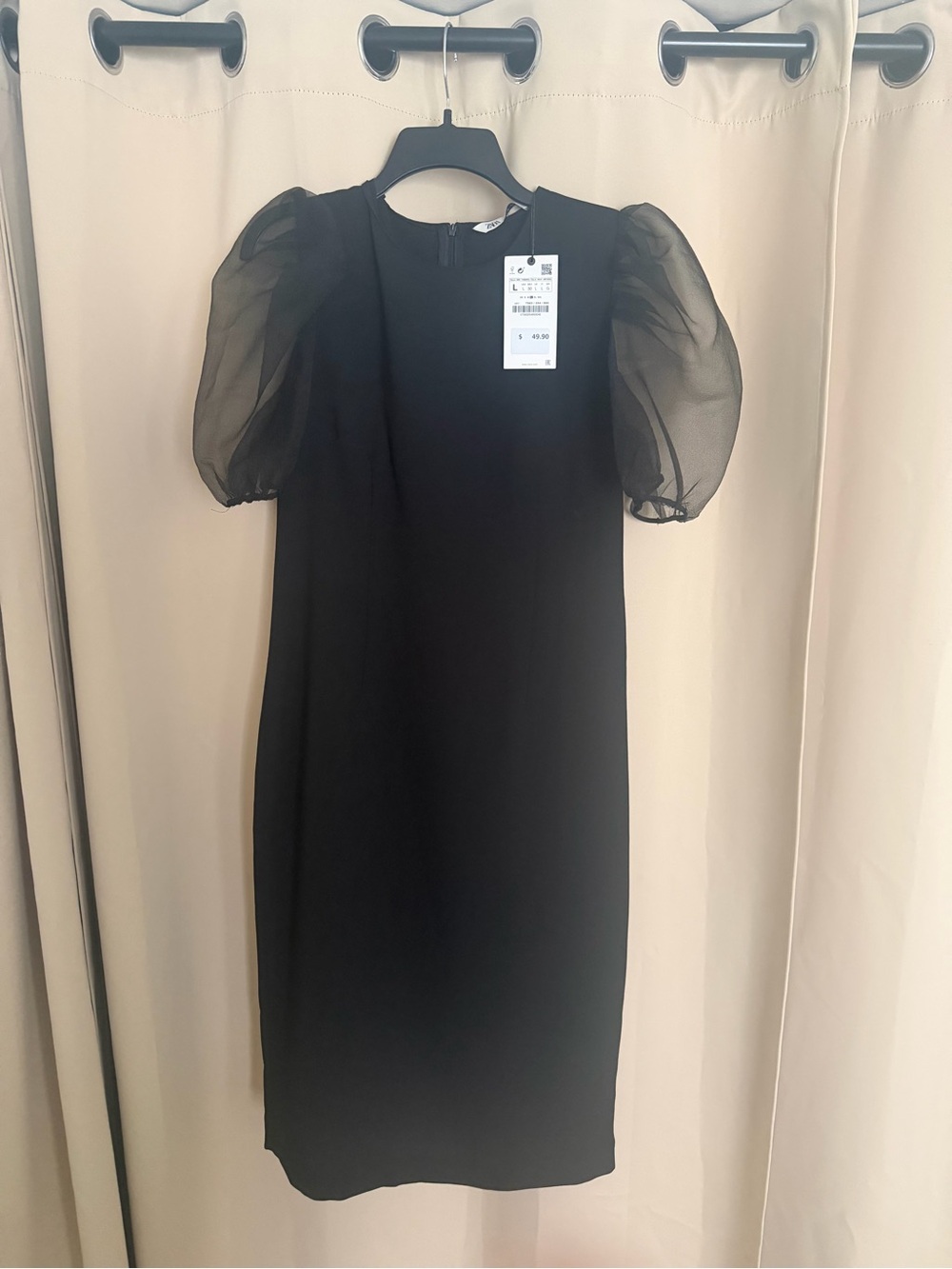 Zara NWT Black Midi Dress with Sheer Puff Sleeves